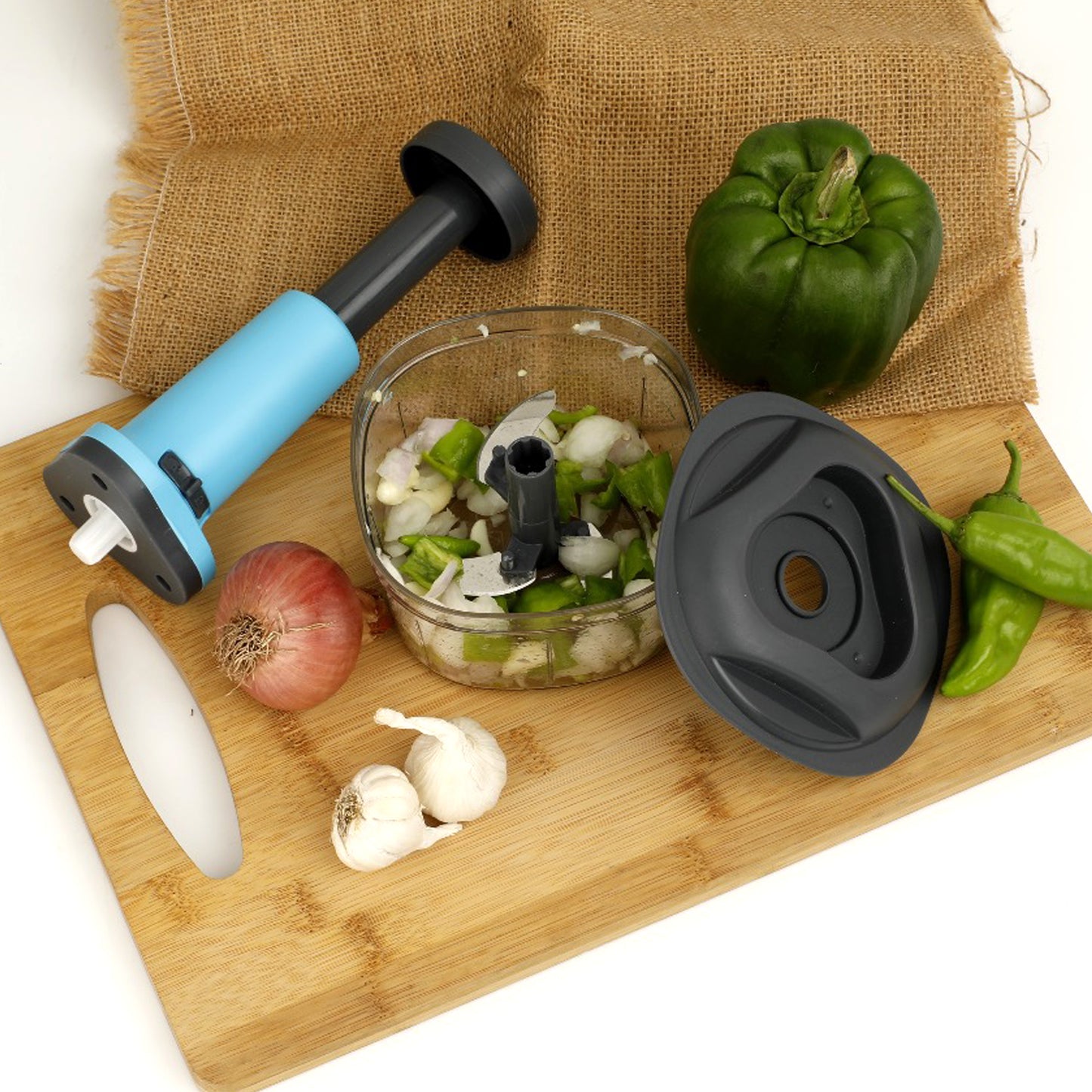 Manual Push Chopper – Hand-Powered Vegetable Cutter & Mixer with 3 Blades
