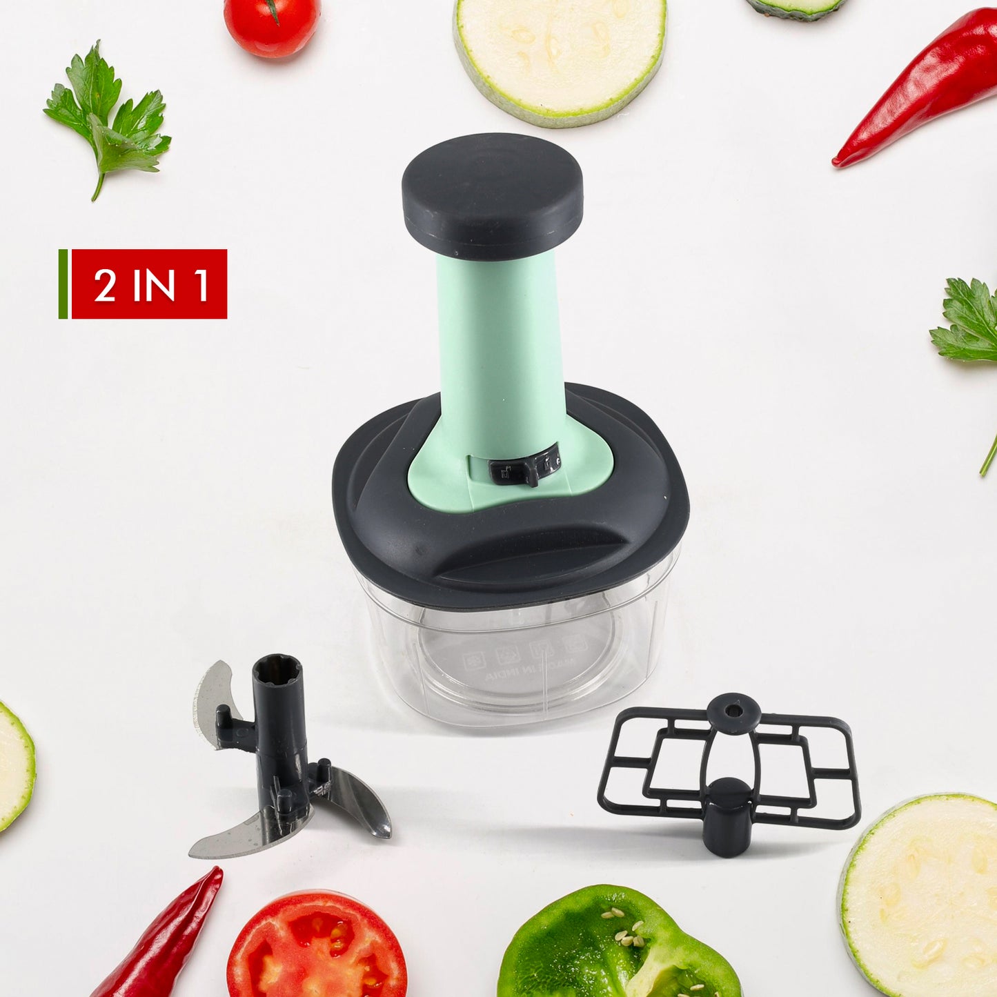 Manual Push Chopper – Hand-Powered Vegetable Cutter & Mixer with 3 Blades
