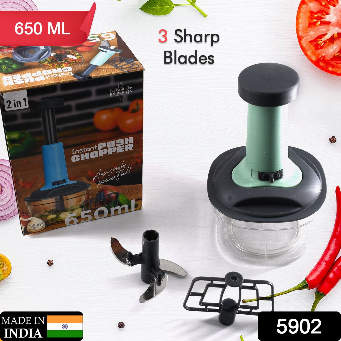 Manual Push Chopper – Hand-Powered Vegetable Cutter & Mixer with 3 Blades