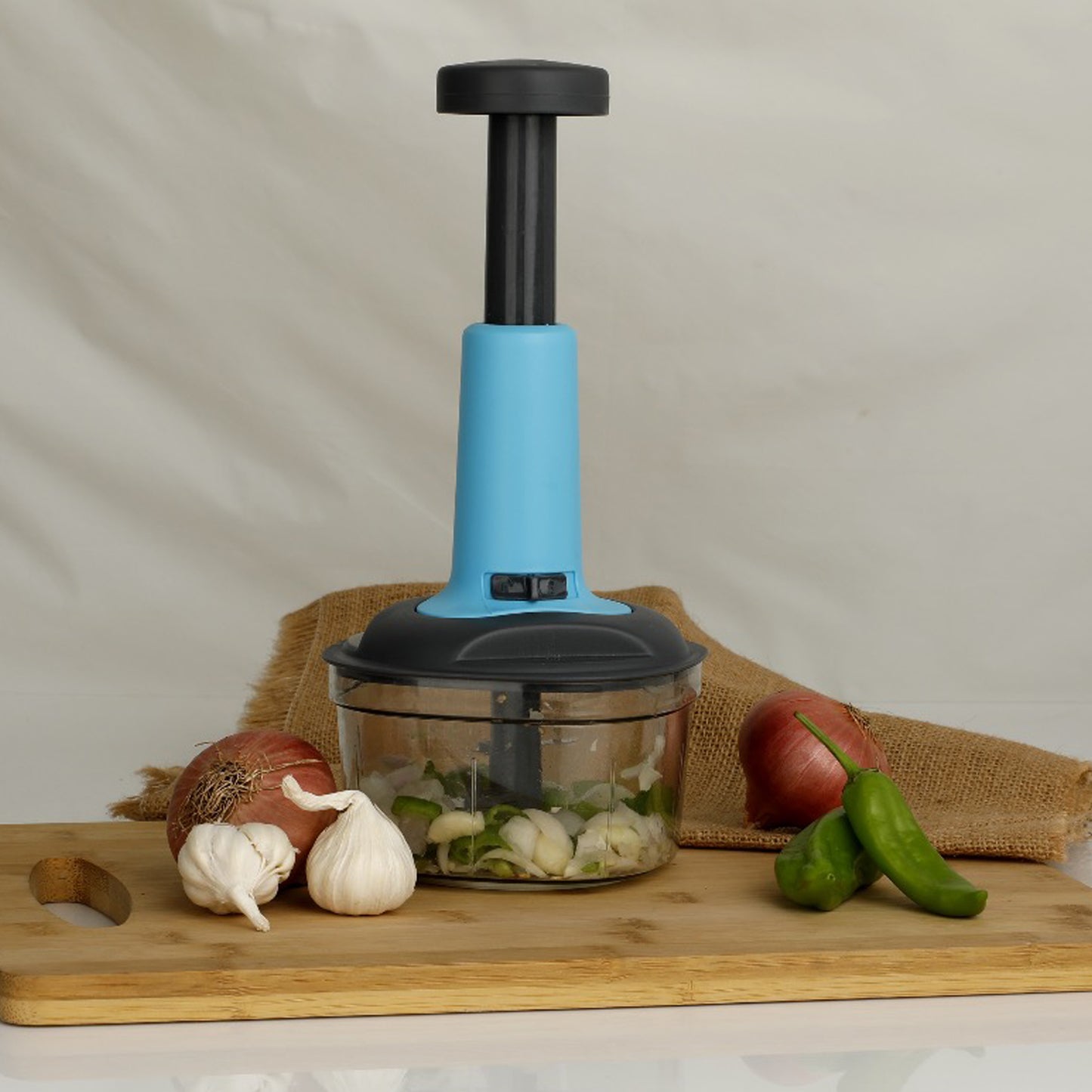 Manual Push Chopper – Hand-Powered Vegetable Cutter & Mixer with 3 Blades