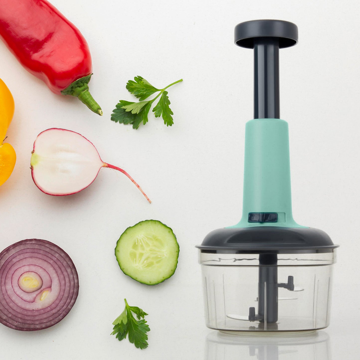 Manual Push Chopper – Hand-Powered Vegetable Cutter & Mixer with 3 Blades